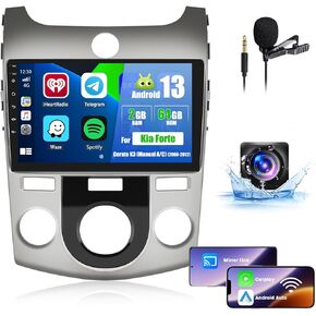[2G+64G] Hikity Wireless Carplay Stereo for Kia Forte Cerato K3 (Manual A/C) 2008-2012 Android Auto, Android 9 Inch Touch Screen Radio Supports GPS Navigation/WiFi/BT/SWC/Backup Camera