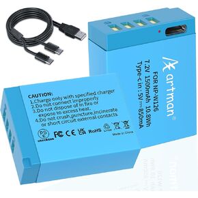Artman NP-W126 NP-W126S بطارية 2 حزمة مع كابل شحن USB-C 2 في 1 لـ Fuji X-T100، X-T200، X100F، X100V، X-S10، X-A5، X-A10، X- E4، X-Pro2، X-Pro3، X-T1، X-T2، X-T3، X-T10، X-T20، X-T30، X-T30II in Kuwait