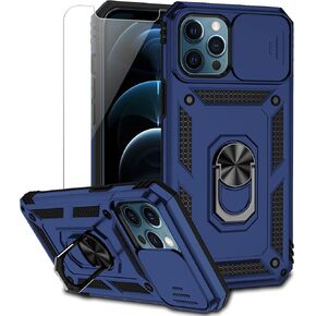 for iPhone 12 Pro Max Case with Camera Lens Cover HD Screen Protector, Military Grade Drop Protection Magnetic Ring Holder Kickstand Protective Phone Case for Apple iPhone 12 Pro Max 6.7 inch (Navy)