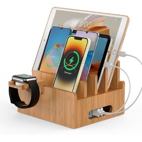 Pezin & Hulin Bamboo Charging Stand, Dock Organizer for Multi Devices, Cell Phone, Tablets, Smart Watch, with Pack 5 Cables, No Power Charger Block