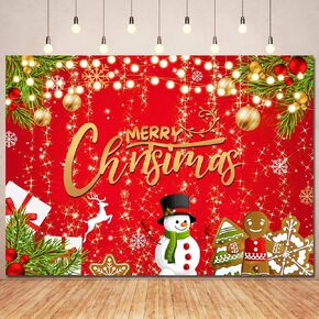 Red Christmas Photo Backdrop Merry Christmas Party Decorations,Glitter Gold Merry Christmas Backdrops Banner Xmas Snowman Photography Background for Family New Year Holiday Supplies Prop 7x5ft