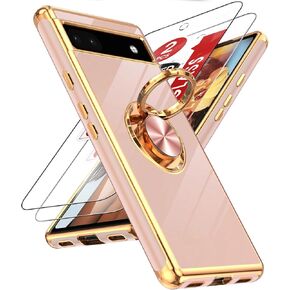LeYi for Pixel 6A Case: with Tempered Glass Screen Protector [2 Pack] 360° Rotatable Ring Holder Magnetic Kickstand, Plating Rose Gold Edge for Google Pixel 6A Case, Pink