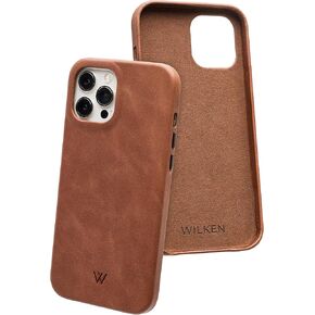 Wilken Leather Wrapped Case Compatible with iPhone 16 Pro | Compatible with MagSafe and Wireless Charging | Top Grain Leather | Custom Metal Button Controls (16 Pro, Brown)