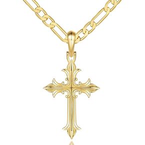 Cross Necklace 14K Gold Cross Necklaces for Men Cross Necklace for Men Gold Figaro Cross Chain Necklace Cross Gold Cross Necklace for Men Women Cross Pendant 18", 20", 22", 24"