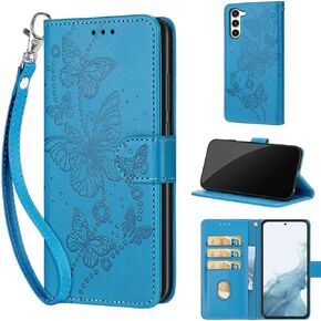 Designed for Samsung Galaxy S23 Plus Case Wallet,Women Flip Folio Cover with Embossed PU Leather Credit Card Holders Slots Wrist Strap Phone Case for Samsung S23 Plus 6.6 Inch (Rose Gold Butterfly)