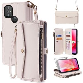 Asuwish Phone Case for Motorola Moto G Power 2022/MotoG Play 2023/G Pure 2021 Zipper Wallet Cover with Screen Protector and Leather Card Holder Slot Stand Wrist Strap XT2165DL XT2163DL Women Men Red