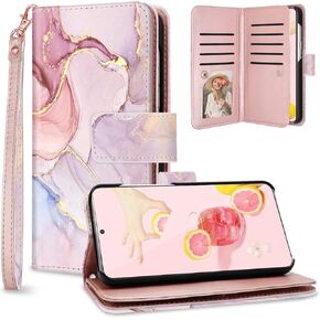 Fingic for Galaxy S23 Wallet Case, 9 Card Holder, Rose Gold Marble PU Leather with Detachable Wrist Strap for Women & Girls (6.1 inch)