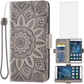 Asuwish Phone Case for Huawei P9 with Tempered Glass Screen Protector and Flower Leather Wallet Flip Cover Credit Card Holder Stand Cell Accessories Hawaii EVA-L09 EVA-L19 Girls Women Men Rose Gold