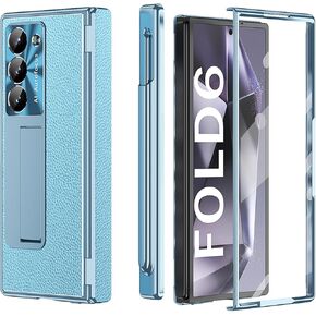 Galaxy Z Fold 6 Case, 4-in-1 Leather Magnetic Hinge Protection Case with Kickstand, Lens Protection, S Pen Holder, and Screen Protector - for Samsung Galaxy Z Fold 6 5G (White)
