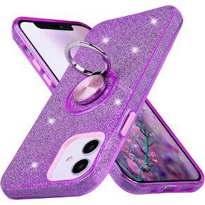 Wisdompro Case for iPhone 12 Mini, Cute Glitter Bling Sparkle Protective Case with Ring Kickstand, Women Girls Phone Case for 5.4 Inch Apple iPhone 12 Mini - Pink