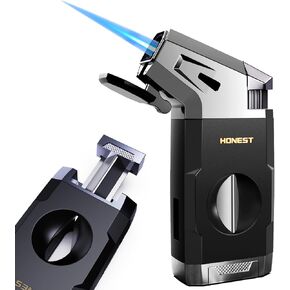 Butane Torch Lighter with V Cutter, Windproof Jet Flame Lighter Torch Refill, Adjustable Refillable Butane Lighter Gifts for Men, with Fuel Window, Butane not Include