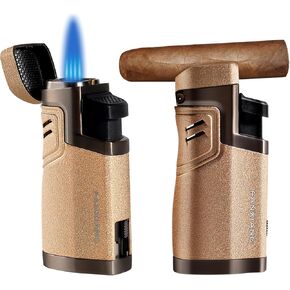 Torch Lighter Cigar Lighter Quadruple Flame Butane Refillable Lighter with Cigar Holder, Cigar Punch Built in, 2 Pack (Gas Not Included) (Gold)