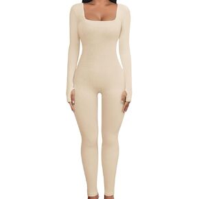 Yuson Girl Womens Unitard Bodysuits One Piece Long Sleeve Sport Jumpsuit Square Neck Yoga Exercise Workout Rompers Bodycon