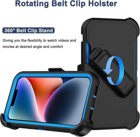 for iPhone 14 Plus Case (6.7") with Belt Clip Holster, 2 x Screen Protector, Heavy Duty Military Grade Full Body Shockproof Drop Proof Rugged Protective Cover for iPhone 14 Plus (Black Blue) in Saudi Arabia
