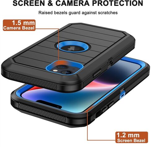 for iPhone 14 Plus Case (6.7") with Belt Clip Holster, 2 x Screen Protector, Heavy Duty Military Grade Full Body Shockproof Drop Proof Rugged Protective Cover for iPhone 14 Plus (Black Blue) in Saudi Arabia