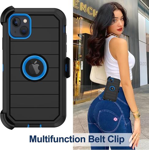 for iPhone 14 Plus Case (6.7") with Belt Clip Holster, 2 x Screen Protector, Heavy Duty Military Grade Full Body Shockproof Drop Proof Rugged Protective Cover for iPhone 14 Plus (Black Blue) in Saudi Arabia