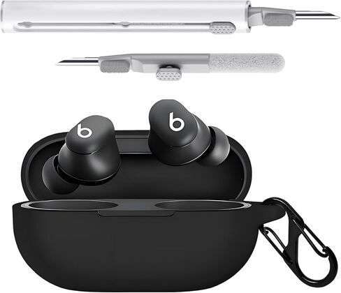 غطاء حافظة متوافق مع سماعات الأذن Beats Solo Buds، حافظة من السيليكون الناعم مع مجموعة أدوات تنظيف، غطاء واقٍ مقاوم للصدمات مع سلسلة مفاتيح ملحقات حلقة تسلق (أسود) in Kuwait