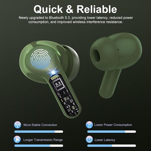 Wireless Earbuds, Bluetooth 5.3 Headphones HiFi Stereo, Bluetooth Earbuds with ENC Noise Cancelling Mic, IP7 Waterproof in Ear Earphones, 48H, LED Display Ear buds for Pad Phones Workout Sports, Green in Saudi Arabia