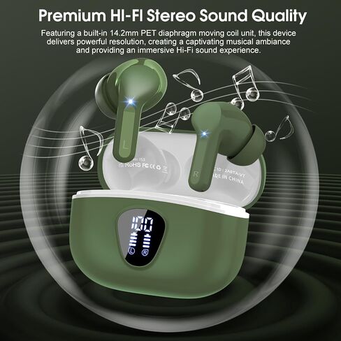 Wireless Earbuds, Bluetooth 5.3 Headphones HiFi Stereo, Bluetooth Earbuds with ENC Noise Cancelling Mic, IP7 Waterproof in Ear Earphones, 48H, LED Display Ear buds for Pad Phones Workout Sports, Green in Saudi Arabia