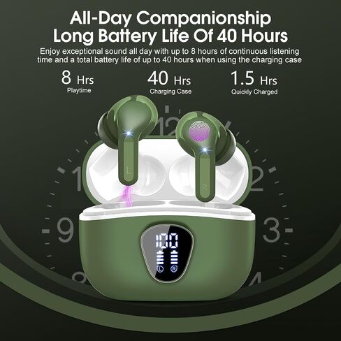 Wireless Earbuds, Bluetooth 5.3 Headphones HiFi Stereo, Bluetooth Earbuds with ENC Noise Cancelling Mic, IP7 Waterproof in Ear Earphones, 48H, LED Display Ear buds for Pad Phones Workout Sports, Green in Saudi Arabia