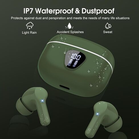 Wireless Earbuds, Bluetooth 5.3 Headphones HiFi Stereo, Bluetooth Earbuds with ENC Noise Cancelling Mic, IP7 Waterproof in Ear Earphones, 48H, LED Display Ear buds for Pad Phones Workout Sports, Green in Saudi Arabia