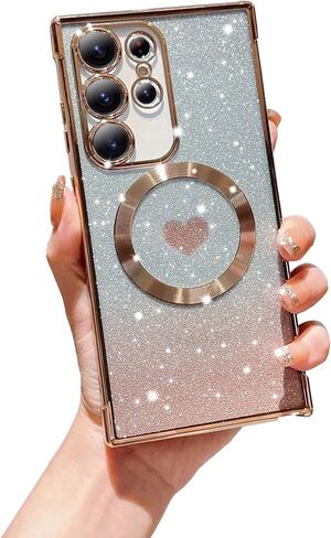 FABSPARK for Samsung Galaxy S24 Phone Case,Compatible with Magsafe,Magnetic Plating Glitter Gradient Cute Heart Clear Case,Camera Protection Case for Samsung Galaxy S24 6.1 Inch -Pink in Saudi Arabia