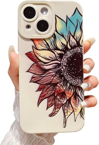 LY&SASIF for iPhone 14 Phone Case for Women Girly, Cute Aesthetic Floral Pattern Drawing Flower Sunflower Boho Design Soft TPU Protection Cover (White) in Saudi Arabia