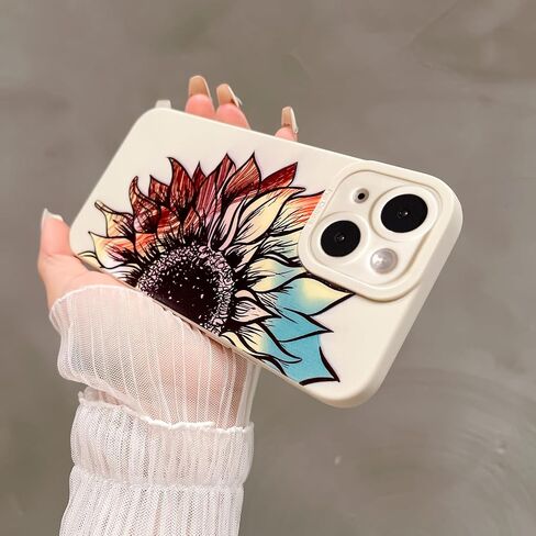 LY&SASIF for iPhone 14 Phone Case for Women Girly, Cute Aesthetic Floral Pattern Drawing Flower Sunflower Boho Design Soft TPU Protection Cover (White) in Saudi Arabia