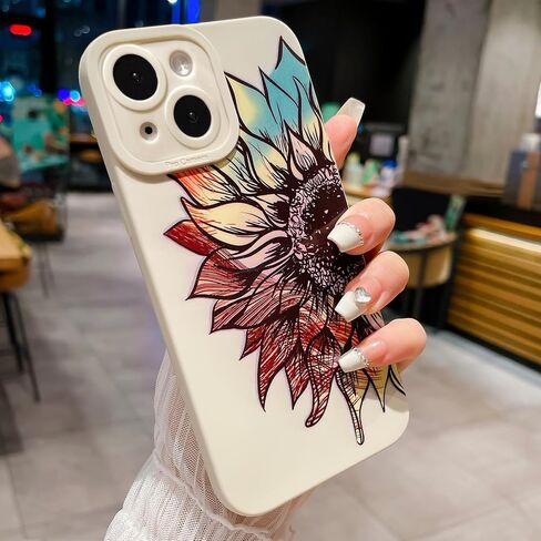 LY&SASIF for iPhone 14 Phone Case for Women Girly, Cute Aesthetic Floral Pattern Drawing Flower Sunflower Boho Design Soft TPU Protection Cover (White) in Saudi Arabia