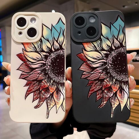 LY&SASIF for iPhone 14 Phone Case for Women Girly, Cute Aesthetic Floral Pattern Drawing Flower Sunflower Boho Design Soft TPU Protection Cover (White) in Saudi Arabia