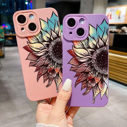 LY&SASIF for iPhone 14 Phone Case for Women Girly, Cute Aesthetic Floral Pattern Drawing Flower Sunflower Boho Design Soft TPU Protection Cover (White) in Saudi Arabia