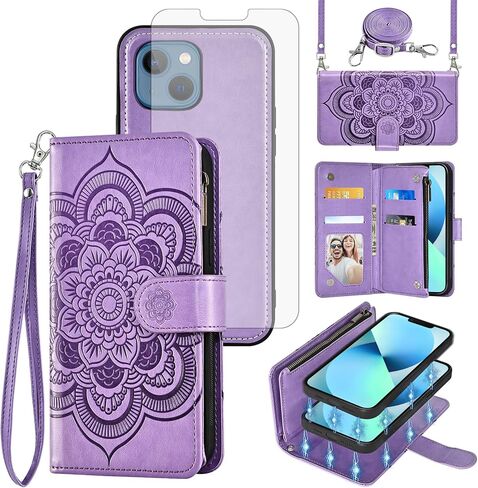 حافظة هاتف Asuwish لهاتف iPhone 13 Mini مقاس 5.4 بوصة مزودة بسحاب ومحفظة مع واقي شاشة وحزام كروس وحامل بطاقات على شكل زهرة iPhone13mini i-Phone 13minicase i iPhone13 13mini للنساء والفتيات باللون الذهبي الوردي in Saudi Arabia