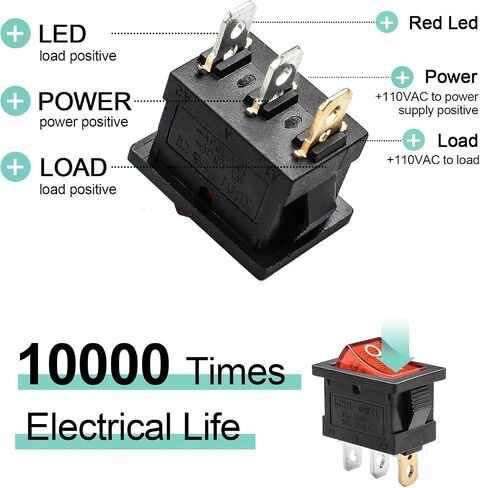 QTEATAK KCD1 SPST سلكي مسبقًا تشغيل/إيقاف 3 دبابيس 2 موضع DC 12V-24V 20A مفتاح تبديل قارب LED أحمر - 5 عبوات (فقط لـ DC12-24V) in Kuwait