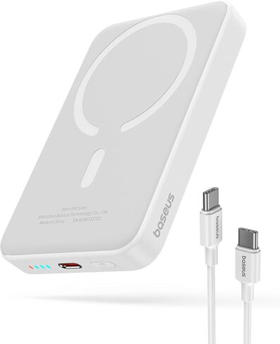 Baseus لشاحن MagSafe المحمول، بنك طاقة مغناطيسي لاسلكي 10000 مللي أمبير في الساعة مع كابل من النوع C شحن PD 20 وات، حزمة بطارية هاتف رفيعة لهاتف iPhone 16/16 Pro/16 Pro Max، iPhone 15/14/13/12 Series - (أبيض) in Kuwait