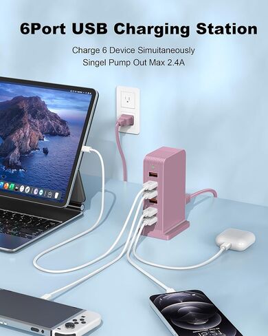 USB C Charger 55W,Multiport USB Charging Station 20W PD,6 Port USB Hub Charger Tower for iPhone 15/14/13/12, iPad, Samsung Galaxy, Google Pixel,HTC, and Multiple Devices (Black) in Kuwait
