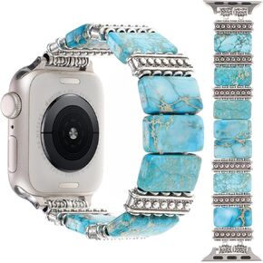 Boho Western Bracelet Compatible with Apple Watch Band 38/40/41/42/44/45/46/49mm Women,Handmade Natural Jasper Imperial Stone Elastic Vintage Solo Strap for iWatch Series 10 9 8 7 6 5 4 3 2 1 Ultra 2/SE