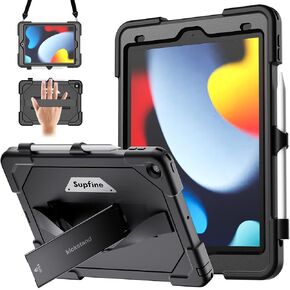 SUPFINE for iPad 9th/ 8th/ 7th Generation Case 10.2 inch, with [Pencil Holder] [Military Grade Drop Protection] Heavy Duty Rugged Shockproof Protective Stand Case for iPad 10.2 inch 2021-2019, Black
