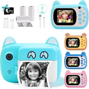 Instant Print Camera for Kids, Upgraded Selfie Kids Digital Camera, No Ink 1080P HD Video Camera with 3 Rolls Print Paper, 1000 mAh, Dual Lens, 32G SD Card for Girls&Boys Gifts (Green)