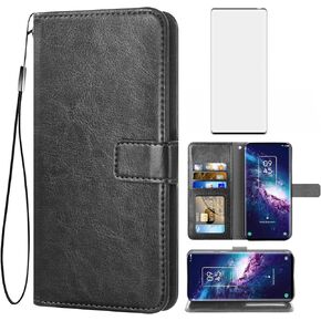 Asuwish Compatible with TCL 20 Pro 5G Wallet Case Tempered Glass Screen Protector and Leather Flip Cover Card Holder Stand Cell Accessories Phone Cases for TCL20Pro G5 TLC 20Pro5G Women Men Black