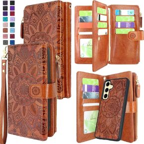 Harryshell Detachable Magnetic Zipper Wallet Leather Case with Cash Coin Pocket 12 Card Slots Holder Wrist Strap Lanyard for Samsung Galaxy S24 FE (2024) (Flower Teal)