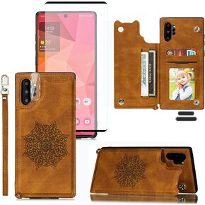 LMDAMZ for Note 10 Plus/Note10+ 6.8 Wallet Case with Card Holder, Mandala Embossed Faux PU Leather with Wrist Strap Double Magnetic Clasp Case Flip Back Wallet Case with Stand Function (Brown)