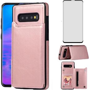 Asuwish Compatible with Samsung Galaxy S10 Wallet Case Tempered Glass Screen Protector Card Holder Cover Stand Flip Leather Cell Phone Cases for Glaxay S 10 Edge Gaxaly 10S GS10 X10 Women Men Black
