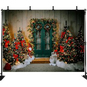 Christmas Rustic Wood Door Backdrop Winter Xmas Pine Tree Gifts Family Photography Background Wallpaper Newborn Children Birthday Party Decoration Booth Studio Props LHC089 7X5FT