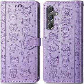 MEUPZZK for Samsung Galaxy A15 5G Wallet Case, Embossed Cat and Dog Premium PU Leather [Kickstand] [Card Slots] [Wrist Strap] [6.5 inch] Phone Cover for Samsung A15 5G (C-Purple)