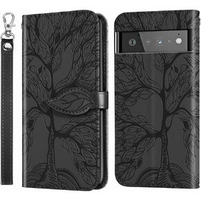 MEUPZZK for Google Pixel 6 Case, Wallet Case for Pixel 6 5G, Embossed Tree Premium PU Leather [Kickstand] [Card Slots] [Wrist Strap] [Folio Flip] [6.4 inch] Phone Cover for Pixel 6 (R-Red)