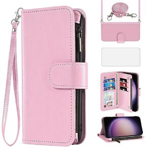 Asuwish Phone Case for Samsung Galaxy S23 5G Wallet Cell Cover with Screen Protector Crossbody Strap Flip Zipper Card Holder Credit Slot Stand S 23 23S GS23 G5 SM-S911U 6.1 inch Women Girls Men Green