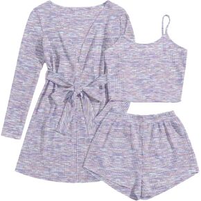 Ekouaer Womens 3 Piece Waffle Knit Lounge Set Soft Pajama Sets Tank Top and Shorts Loungewear Long Cardigan with pocket S-XXL