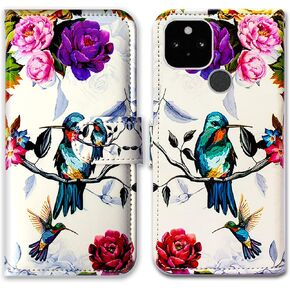Bcov Case for Pixel 5a 5G, Hummingbird in Flowers Bird Leather Flip Phone Case Wallet Cover with Card Slot Holder Kickstand for Google Pixel 5a 5G 2021