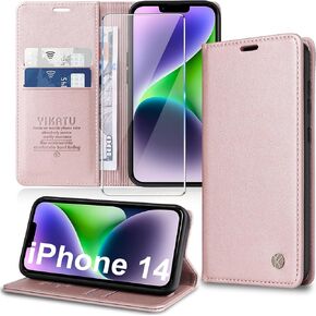 Migexxkj for iPhone 14 Case Wallet with Screen Protector Card Holder [RFID Blocking] PU Leather Case Kickstand Shockproof Phone Case Cover for iPhone 14 6.1 inch (Black)