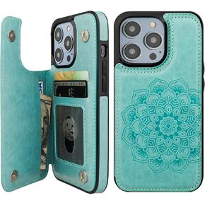 Vaburs Compatible with iPhone 14 Pro Case Wallet with Card Holder, Embossed Mandala Pattern Flower PU Leather Double Buttons Flip Shockproof Cover for Magnetic Car Mount 6.1 Inch (Purple)